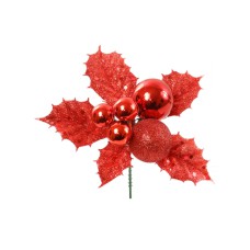 Red Glittered Wreath Pick with 5 Holly Leaves and 3 balls of various sizes. (Lot of 12 Picks) SALE ITEM